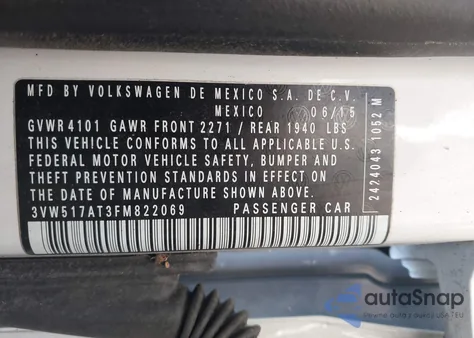 2015 Volkswagen Beetle 1.8T Classic из США, поврежденный, VIN 3VW517AT3FM822069